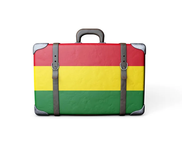 Bandera de Bolivia en una maleta de cuero vintage. Renderizado 3D — Foto de Stock