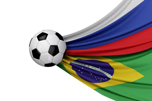 Bandera de Rusia y Brasil con una pelota de fútbol. Renderizado 3D —  Fotos de Stock