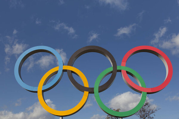 LONDON, UK - February 15th 2018: The Olympic symbol, made up of 
