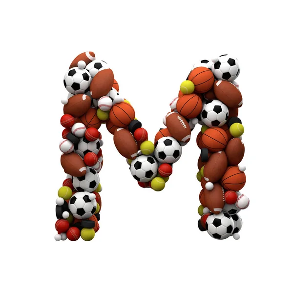 Písmeno M. Písmo vyrobené ze sportovních míčků. 3D vykreslování — Stock fotografie
