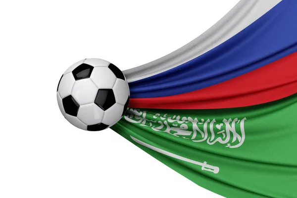 Russia e Arabia Saudita bandiera con un pallone da calcio. Rendering 3D — Foto Stock