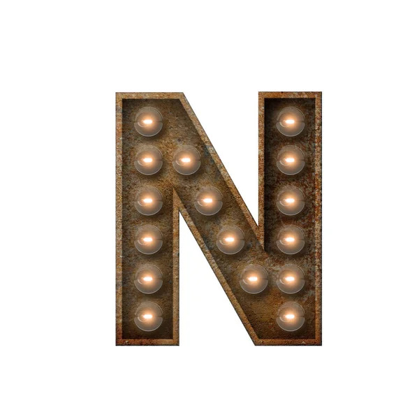 Rusted metal letter N light bulb fonte. Renderização 3D — Fotografia de Stock