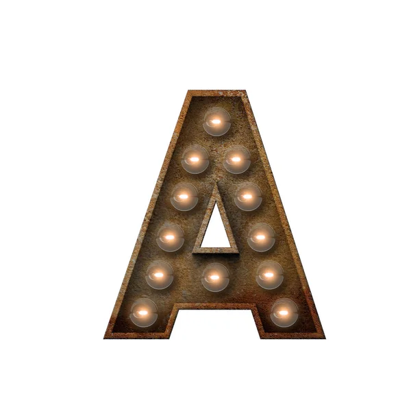 Rusted metal letter A light bulb font. 3D Rendering — ストック写真