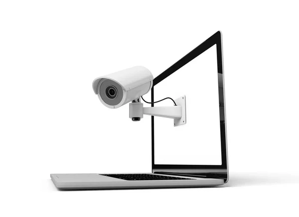 Segurança online. Laptop com câmeras de segurança CCTV. Renderização 3D — Fotografia de Stock