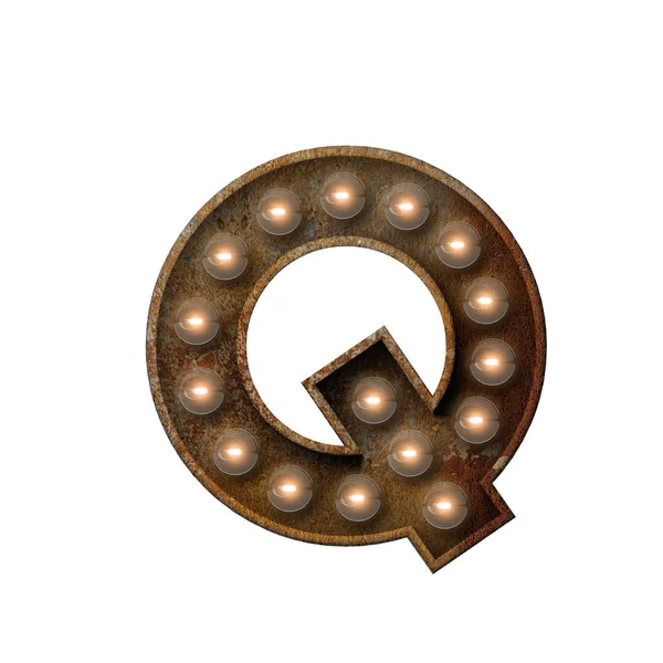 Σκουριασμένο μεταλλικό γράμμα Q φωτεινή γραμματοσειρά λαμπτήρα. 3d απόδοση — Φωτογραφία Αρχείου