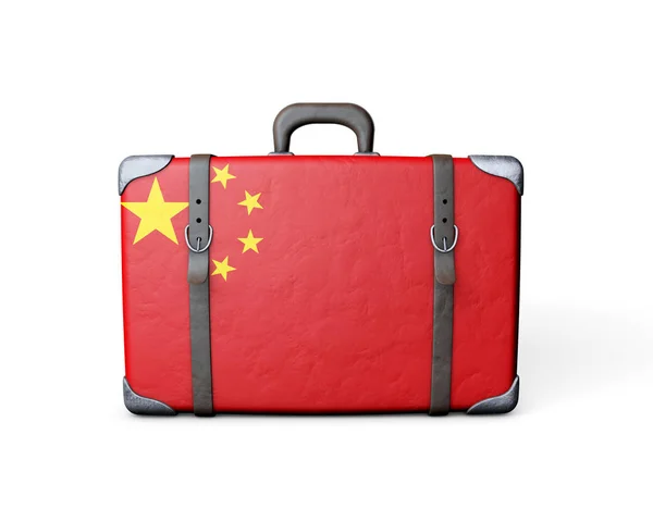 Čínská vlajka na starožitném koženém kufříku. 3D vykreslování — Stock fotografie