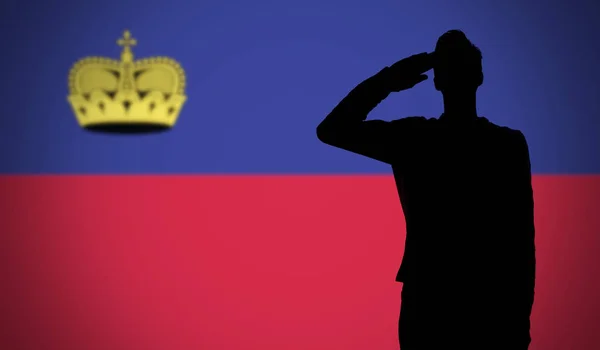 Silhouette d'un soldat saluant contre le drapeau du Liechtenstein — Photo