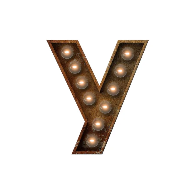 Rusted metal letter Y light bulb fonte. Renderização 3D — Fotografia de Stock