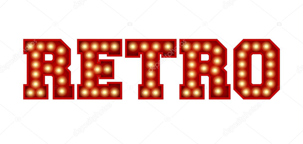Retro word made from red vintage lightbulb lettering isolated on