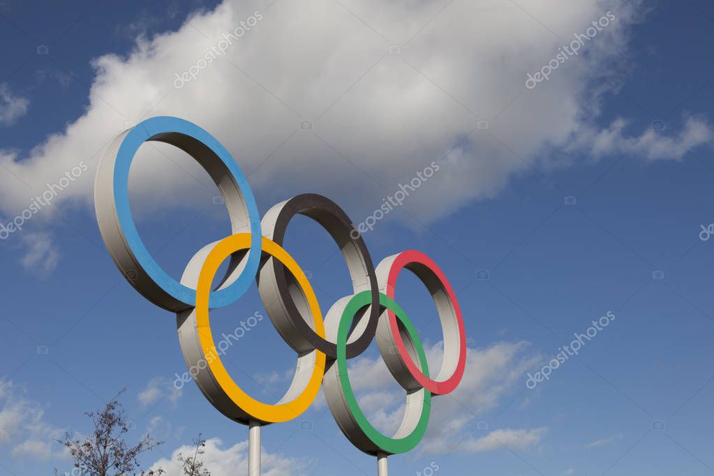 LONDON, UK - February 15th 2018: The Olympic symbol, made up of five interconnected coloured rings, under a blue sky