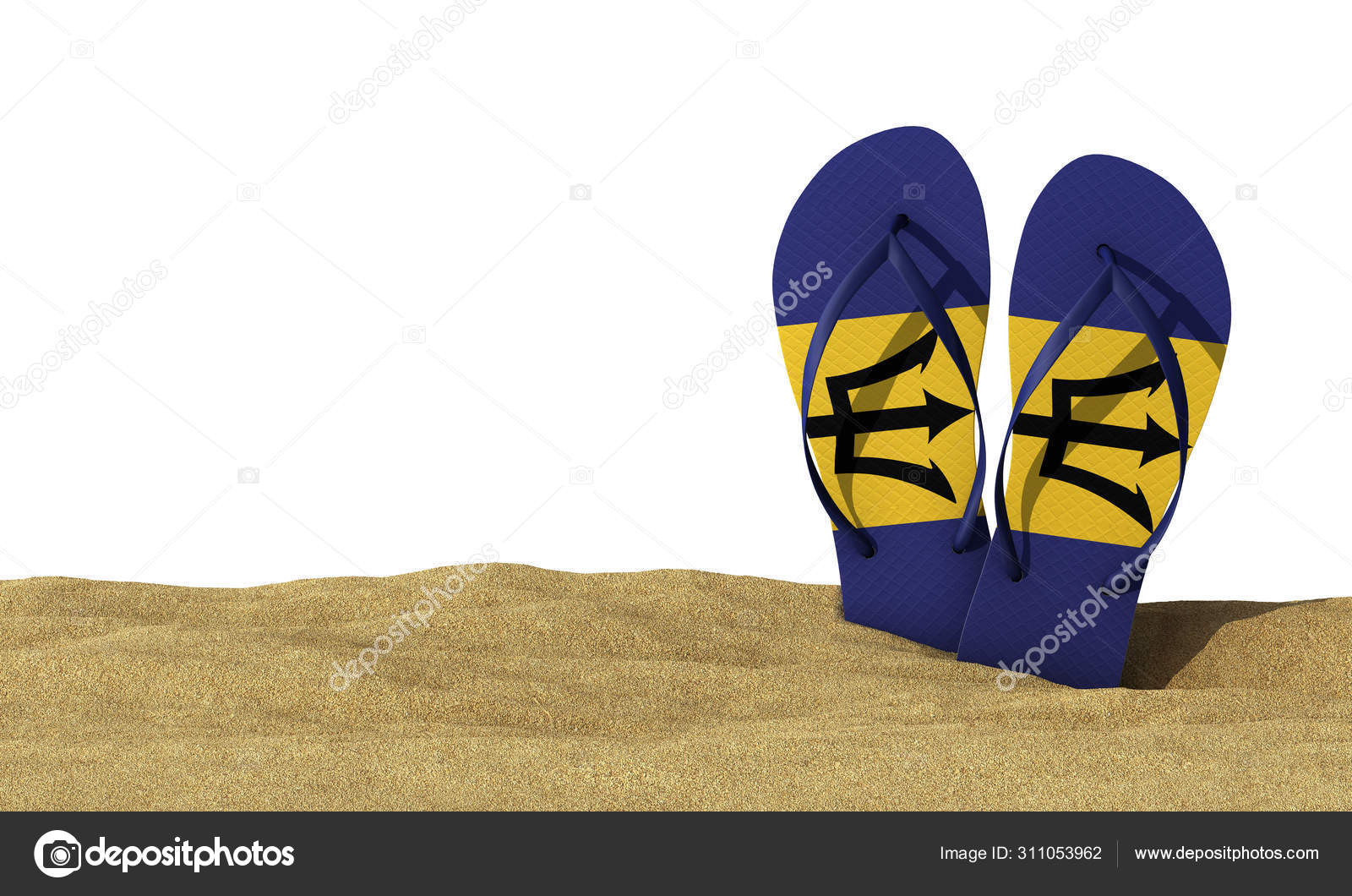 Barbados flag flip flop sandals on a white 3D Render