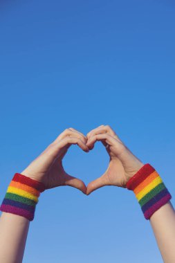 Gay gurur konsepti. Gey gururuyla el işareti yapan Lgbt 