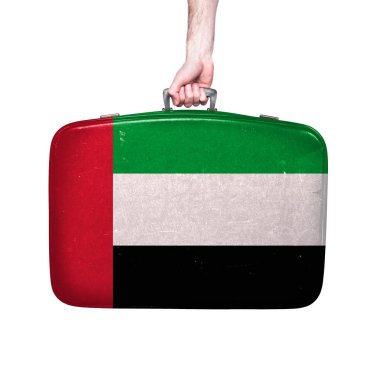 Vintage deri bavul üzerinde UAE bayrağı.