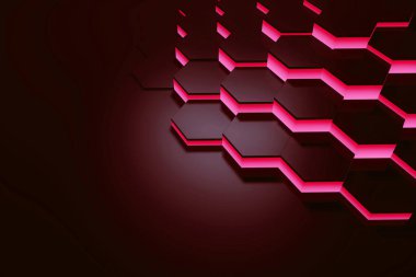 Parlayan kırmızı altıgen desenli arka plan. 3d oluşturma