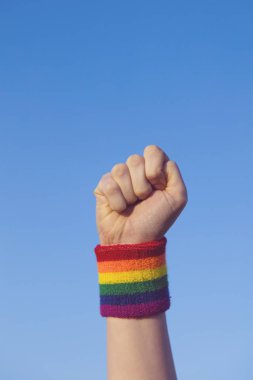 Gay gurur konsepti. Gey gururuyla el işareti yapan Lgbt