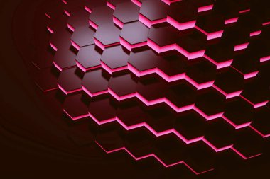 Parlayan kırmızı altıgen desenli arka plan. 3d oluşturma