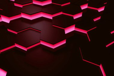 Parlayan kırmızı altıgen desenli arka plan. 3d oluşturma