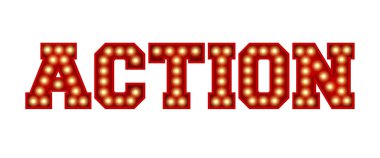 Beyaz üzerine izole edilmiş kırmızı renkli ampul harflerinden yapılmış eylem kelimesi. 3d Hazırlama