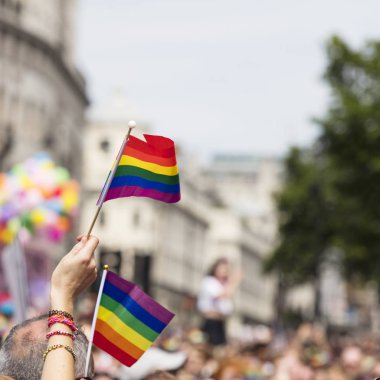 Bir seyirci Lgbt gey yürüyüşünde gey gökkuşağı bayrağı sallıyor 