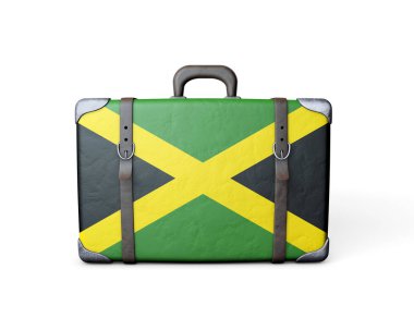 Antika deri bir valizin üzerinde Jamaika bayrağı. 3d Hazırlama