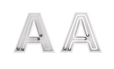 Beyaz neon ışıklı harf A. Açık ve kapalı neon harfler. 3d oluşturma