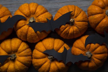 Cadılar Bayramı balkabakları ve tahta arka planda kara vampir yarasalar