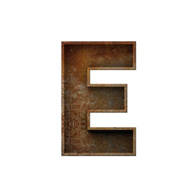 E harfi grunge paslı yazı tipi. 3d Hazırlama