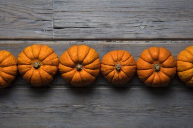 Mini balkabakları ahşap bir arka planda dizilmiş.