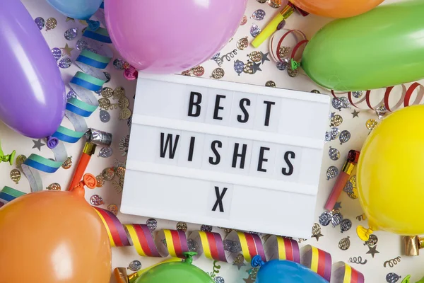 Best wishes social media lightbox background. Top view of colorful balloons, celebration concept