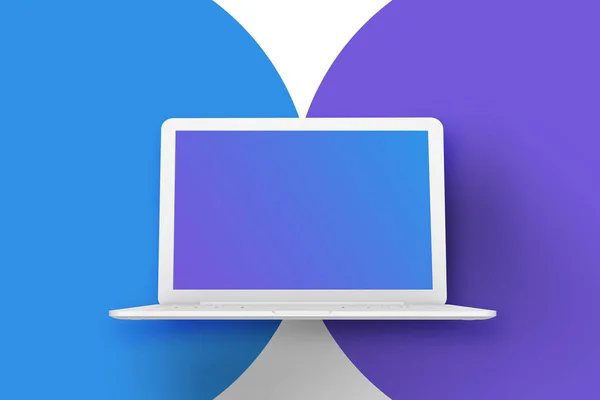 Laptop template mockup. White open laptop on a circle pattern ba