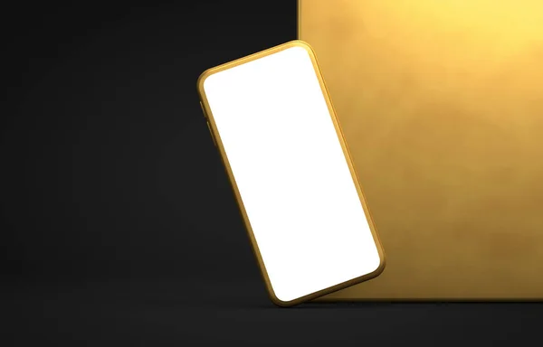 Moderno smartphone dorado sin marco. Renderizado 3D —  Fotos de Stock