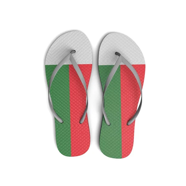 Madagaskar flagga flip flopp sandaler på en vit bakgrund. 3d Ränta — Stockfoto