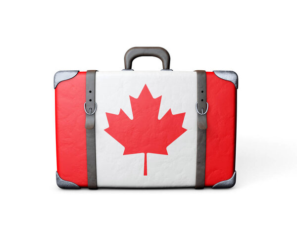 Canada flag on a vintage leather suitcase. 3D Rendering