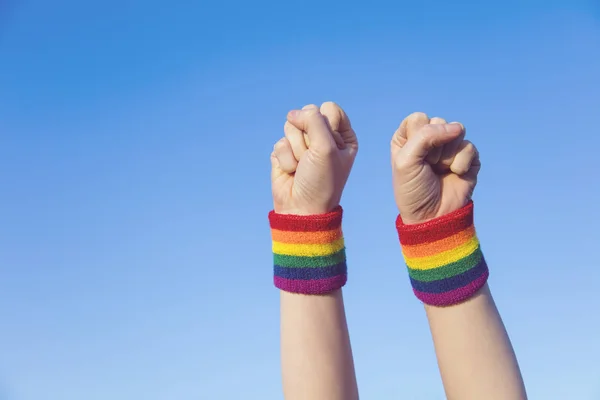 Concepto de orgullo gay. Mano haciendo un puño signo con orgullo gay LGBT r —  Fotos de Stock