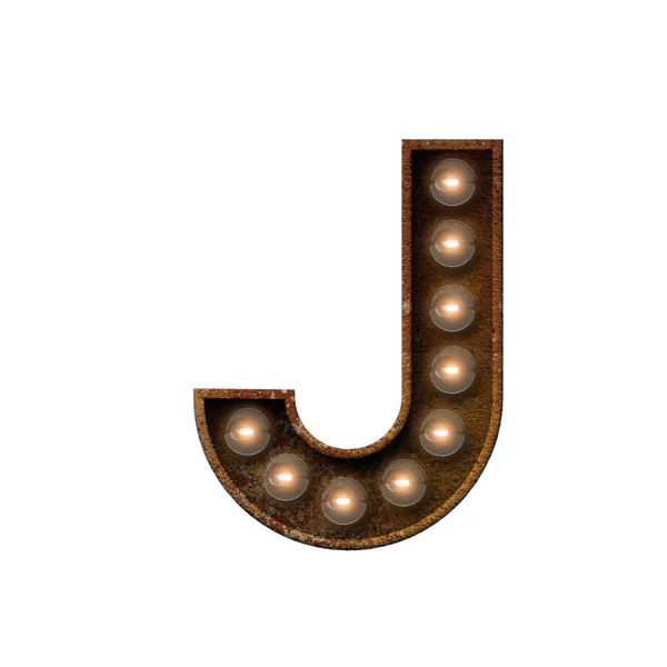 Rusted metal letter J light bulb fonte. Renderização 3D — Fotografia de Stock