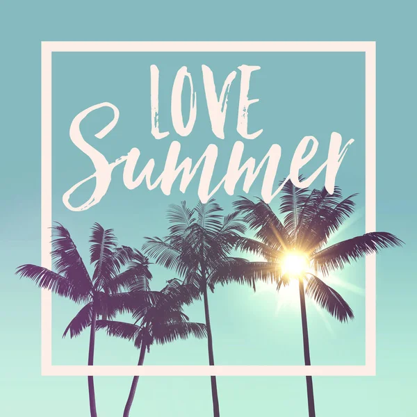 Summer message tropical palm tree silhouette against bright sunl — Stock Photo, Image
