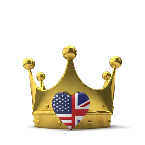 Hjärtform Med Amerikansk Och Brittisk Flagga Med Guldkrona Kungligt Bröllop — Stockfoto