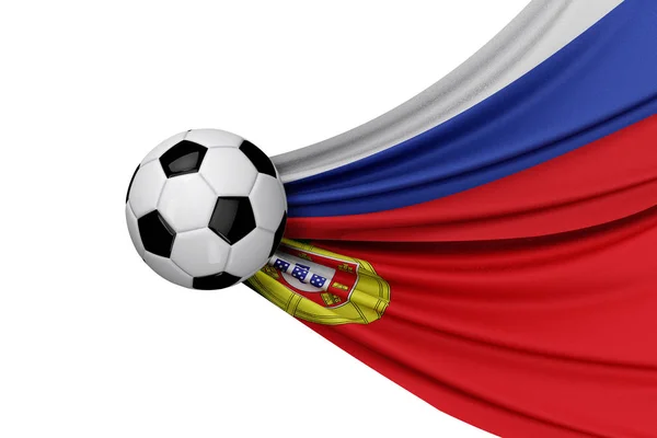 Futbol topuyla Rusya ve Portekiz bayrağı. 3d Hazırlama — Stok fotoğraf