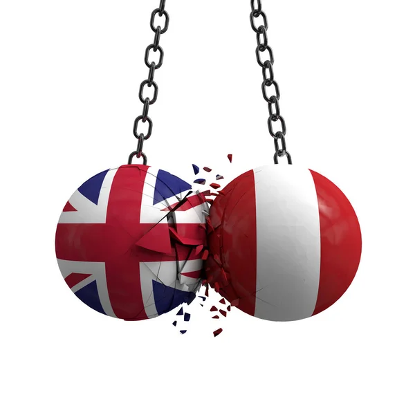 Storbritannien och Peru flagga politiska bollar krossa i varje oth — Stockfoto