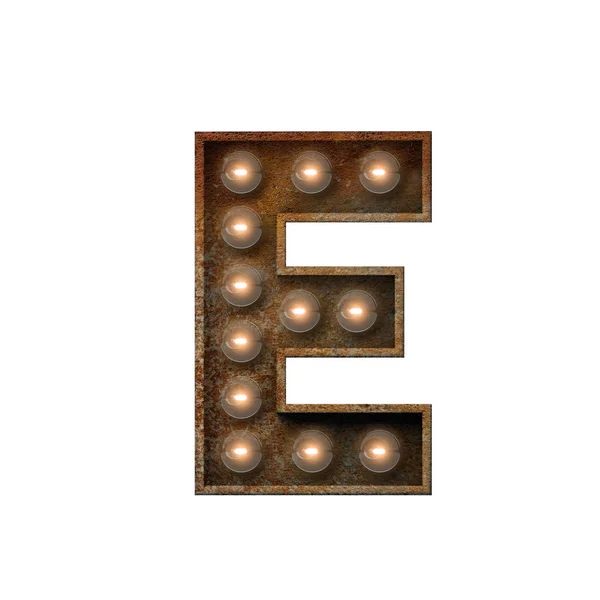 Rusted metal letter E light bulb fonte. Renderização 3D — Fotografia de Stock