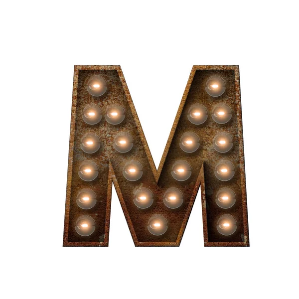 Verroeste metalen letter M gloeilamp lettertype. 3d Rendering — Stockfoto