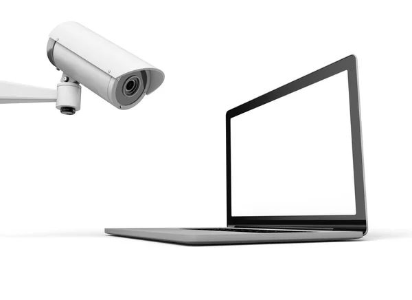 Segurança online. Laptop com câmeras de segurança CCTV. Renderização 3D — Fotografia de Stock