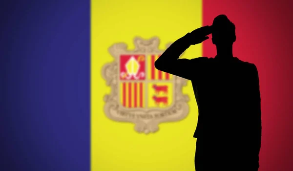 Silhouette Soldier Saluting Andorra Flag — Stock Photo, Image