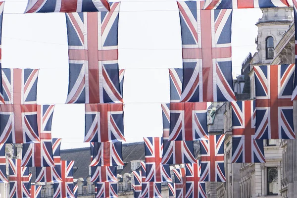 Union Jack flags hang in Central London in preperation for the r — Stok Foto
