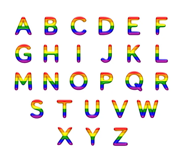 Alfabeto de bandera arco iris orgullo gay. Fuente LGBT. Renderizado 3D —  Fotos de Stock