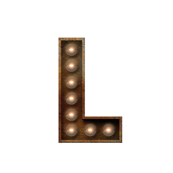 Rusted metal letter L light bulb font. 3D Rendering — Stock Photo, Image