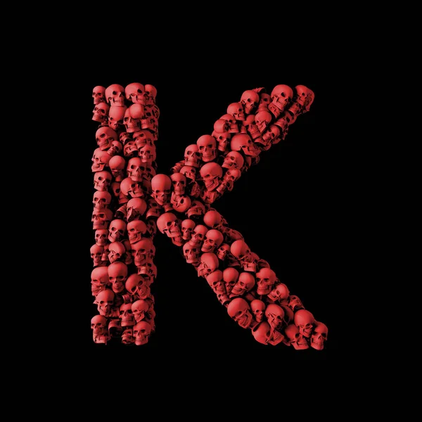 Letter K rode schedel lettertype. Type gemaakt van schedels. 3d Rendering — Stockfoto