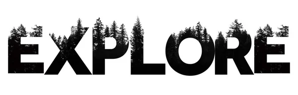Ontdek het woord gemaakt van outdoor wildernis boomtop belettering — Stockfoto