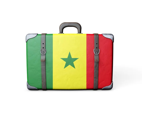 Bandera de Senegal en una maleta de cuero vintage. Renderizado 3D — Foto de Stock