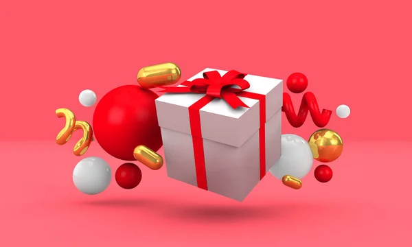 Szezonális ünnepi ajándékdobozok színes dekorációval. 3d Renderelés — Stock Fotó